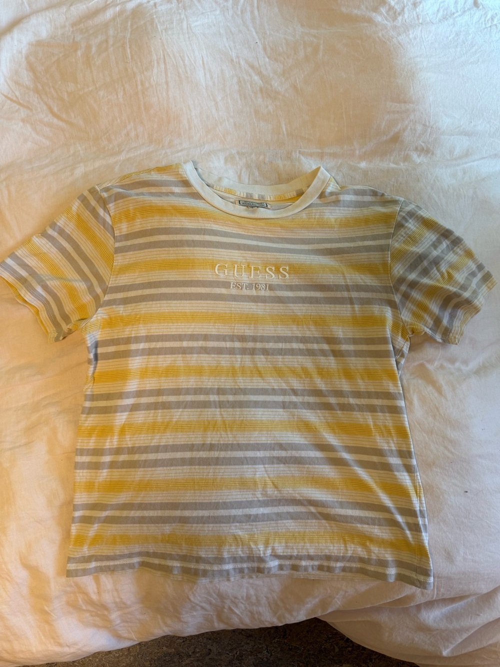vintage guess short sleeve tshirt stripes yellow grey unisex y2k new york